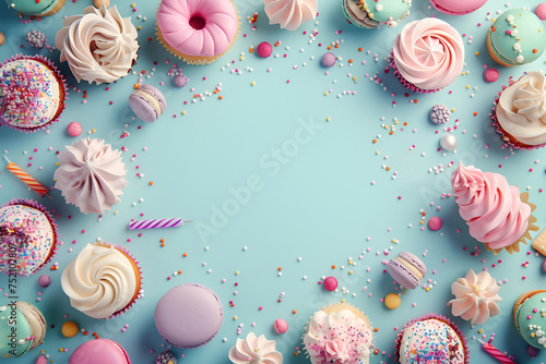 Birthday background, frame of candles, sweets, cream donuts and muffins, macarons on blue background. AI Generative. Copy space for text, Invitation greeting card mock up.