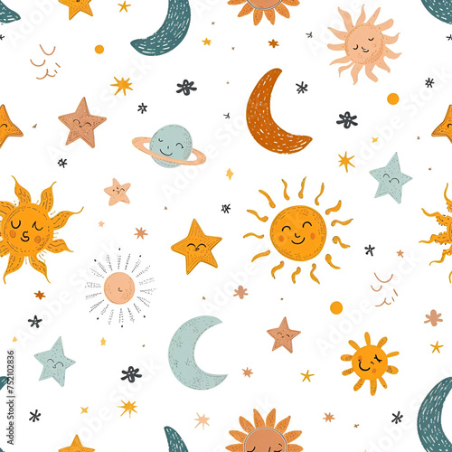 Seamless watercolor pattern with funny smiling stars  moon and sun with painted faces on white background. Design for wallpapers  wrapping paper  poster or cover. AI Generative