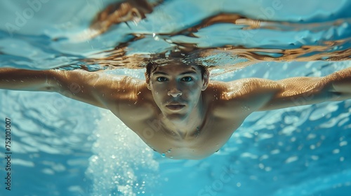 Professional man swimmer inside swimming pool. Underwater