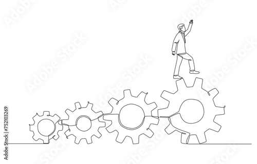 Continuous one line drawing of businessman stepping from small cog to larger cog, development in jop position or career growth concept, single line art.