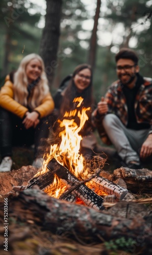 Three people sitting around a campfire in the woods. Generative AI.