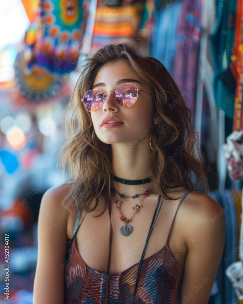 A woman wearing a necklace and a dress with sunglasses. Generative AI. A woman wearing a necklace and a dress with sunglasses. Generative AI.