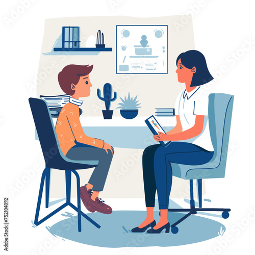 Woman mom sitting next to a child on a chair, woman psychologist working with a child, woman teacher working with a child, minimalist vector illustration