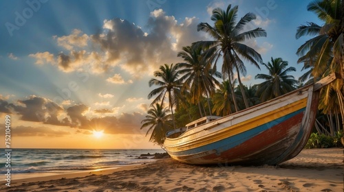 Fototapeta Naklejka Na Ścianę i Meble -  A boat on the beach with palm trees in the background. Generative AI.