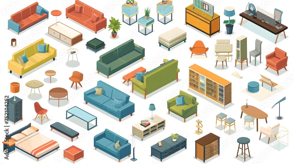 isometric home furniture set. Domestic and office furniture and equipment. Sofas, chairs, tables, lamps, cabinets, beds and stools