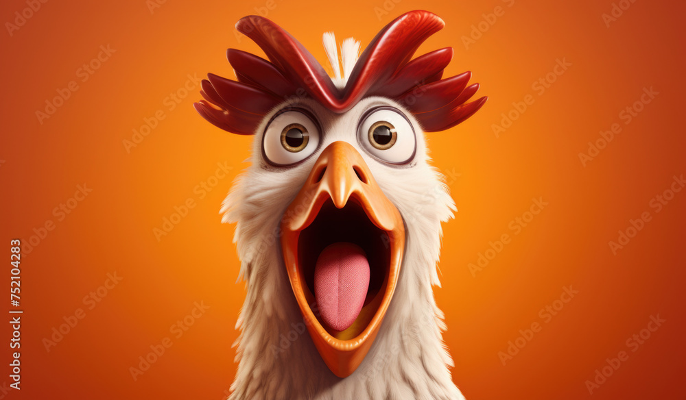 Obraz premium Shocked chicken is isolated on a orange background, looks into the camera and yells