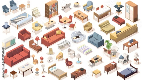 isometric home furniture set. Domestic and office furniture and equipment. Sofas, chairs, tables, lamps, cabinets, beds and stools