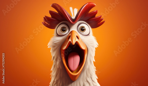 Shocked chicken is isolated on a orange background, looks into the camera and yells