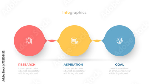 Business infographic timeline process with circles template design with icons and 3 options or steps. Vector illustration.