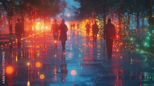 A group of people walking down a street with lights on them. Generative AI.