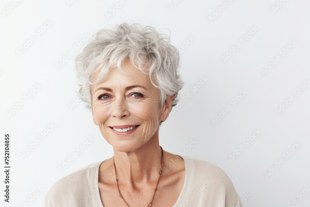 Portrait of smiling senior woman with short grey hair against white background