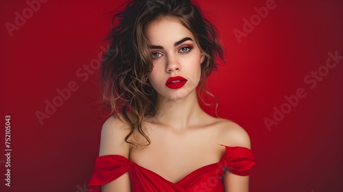 Young beautiful attractive and captivating woman in a red dress and with lipstick looking serious