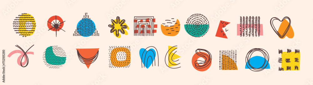 Obraz premium Abstract Graphic Elements in Minimal Trendy Style. Hand drawn doodle shapes, spots, drops, curves, lines for creating patterns, Invitations, posters, cards, social media posts