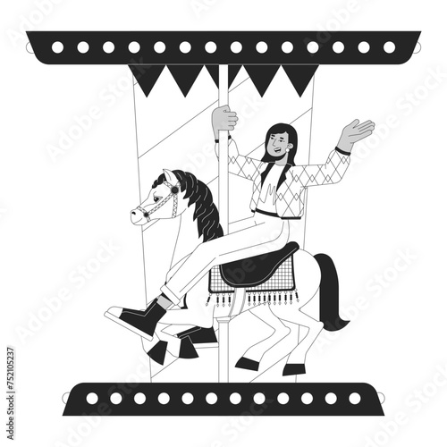 Indian young adult woman riding horse carousel black and white 2D line cartoon character. Roundabout fun asian girl isolated vector outline person. Attraction monochromatic flat spot illustration