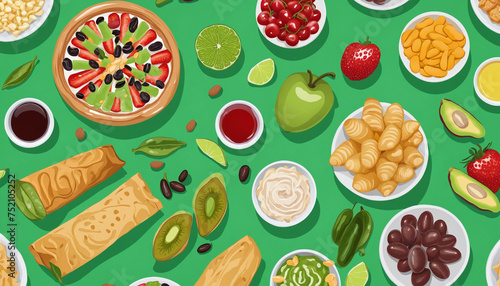 top view of various snacking on green background