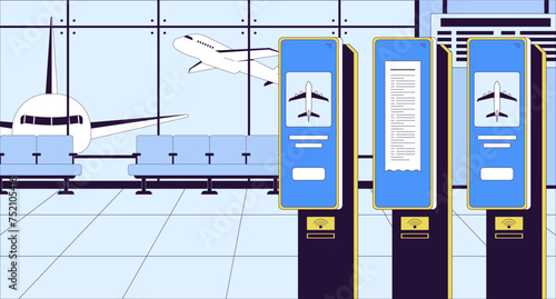 Check in airport terminal plane cartoon flat illustration. Self service machine for tickets 2D line interior colorful background. Departure waiting lounge no people scene vector storytelling image