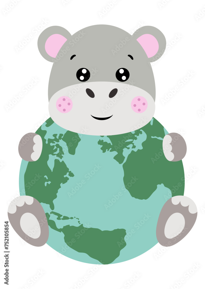 Naklejka premium Cute hippo with a globe