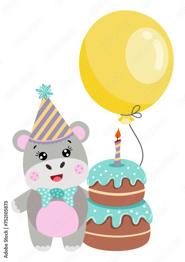 Cute hippo with balloon and happy birthday cake