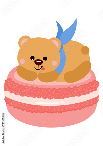 Cute greedy teddy bear on top of macaron