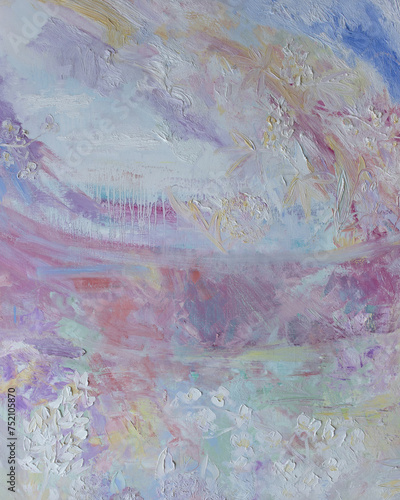 Shabby chic gentle abstract art. Decorative textured background. Imaginative skyscape fragrance atmosphere. Original painting.
