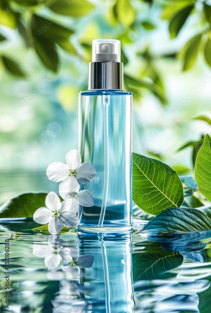 Serene Spa Setting With Blue Glass Bottle and White Blossoms on Water Surface Serene Spa Setting With Blue Glass Bottle and White Blossoms on Water Surface