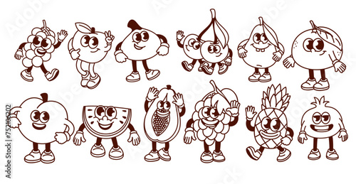 Groovy cartoon monochrome fruit and berry characters set. Funny retro fruit mascots with laughs and smiles, cartoon stickers of orange apple pineapple cherry pear 70s 80s style vector illustration
