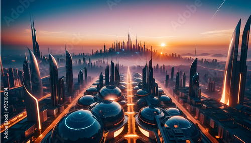 A surreal sunrise over a futuristic city