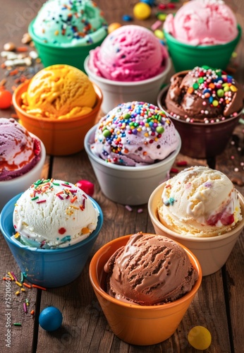 Assorted Scoops of Ice Cream on Wooden Table Surrounded by Colorful Candy