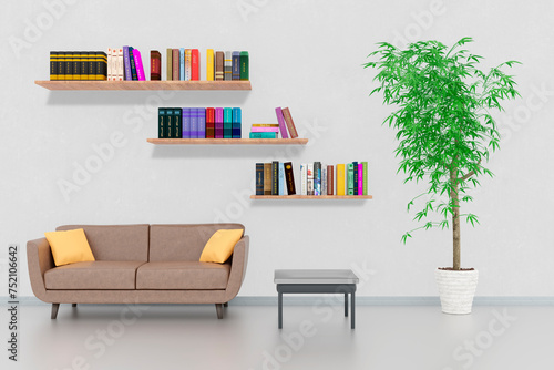 Veduta frontale di salotto, living. Divano con libreria e pianta ornamentale. photo