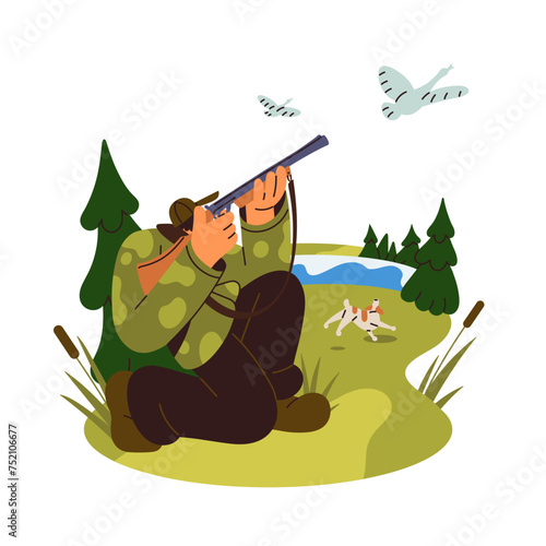 Upland hunting with dog. Shooter sits, aiming to shooting to flying ducks. Hunter in camouflage chases prey. Huntsman killing birds with shotgun. Flat isolated vector illustration on white background