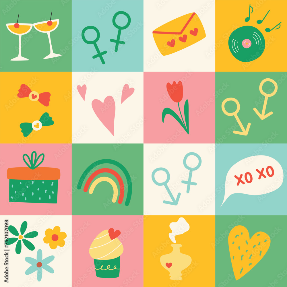cute bright seamless pattern with cute love stuff for dating