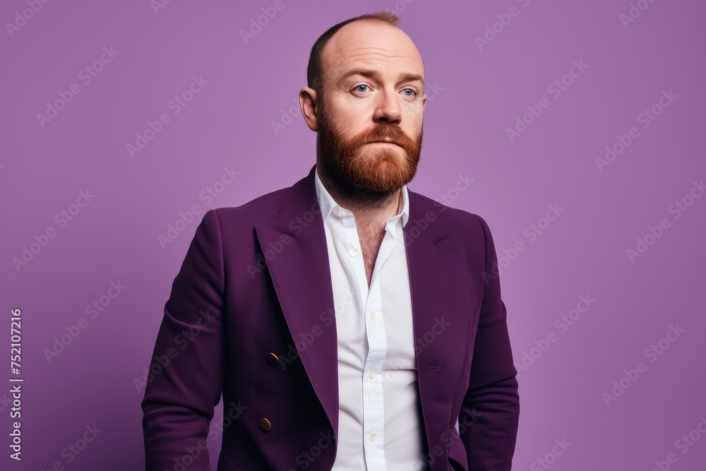 Portrait of a handsome red-bearded man in a purple jacket. Portrait of a handsome red-bearded man in a purple jacket.