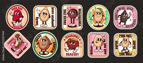 Groovy nut, bean and seed characters on cartoon labels set. Funny retro posters with Brazil, pine or macadamia nuts in shell, soybean mascot, cartoon stickers of 70s 80s style vector illustration