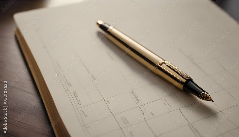 Luxury fountain pen next to an open planner Luxury fountain pen next to an open planner