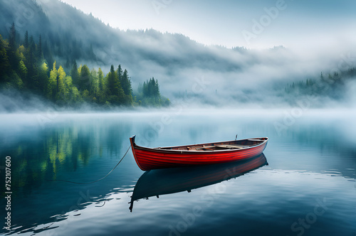 Red wooden rowboat on a foggy lake at sunrise. The calm water reflects the colorful sky.