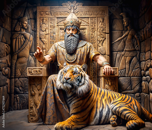Ancient sumerian king resting in his throne in the company of a tamed tiger. Digital art. photo