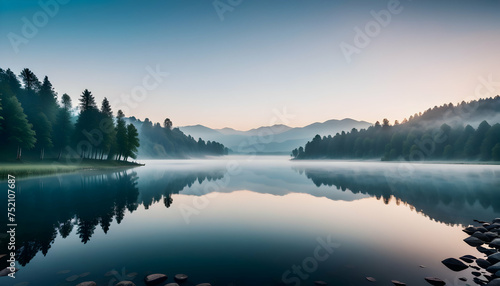 Misty morning over a tranquil lake © Dragon Stock