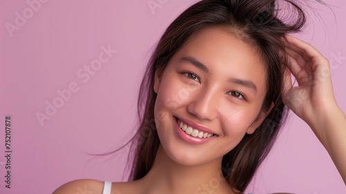 Smiling asian woman puts her hands on the head against purple background