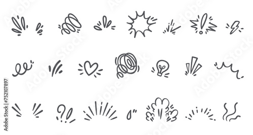Comic speech effect icons, manga doodle elements set. Funny retro anime movement, exclamation and question, emphasis expressions. Surprise emotion of character in comic book style vector illustration photo