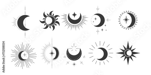 Set mystic moon celestial astrology magic element with rays, stars, burst minimal line tattoo, border or decoration isolated Space symbols, emblem. Vector illustration