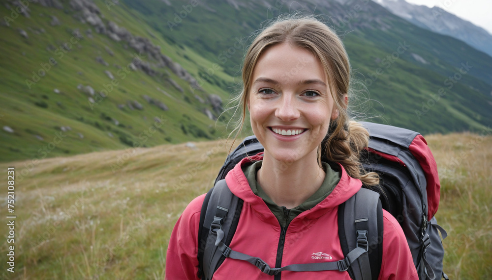 Girl hiker smiling, dressed in mountain clothes and a backpack