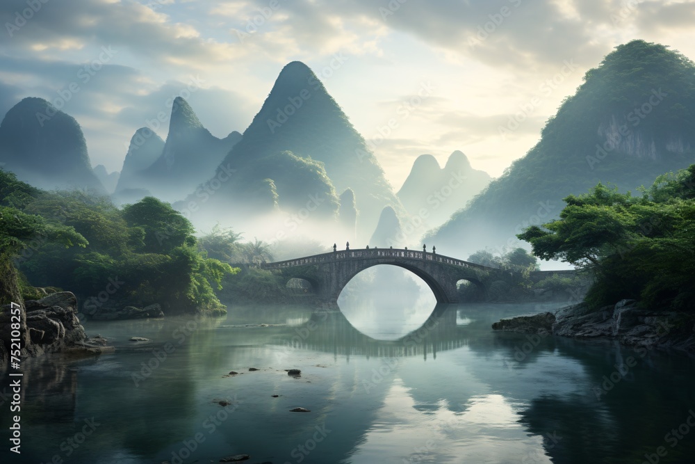Li River over a river with mountains in the background - obrazy, fototapety, plakaty 