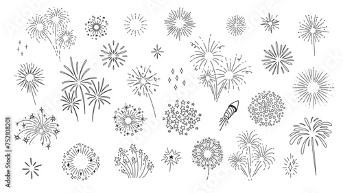 Fireworks burst line icons set. Thin black outline silhouette of starburst or sun with light rays and sparks, fireworks explosion monochrome icons, festive party element collection vector illustration photo