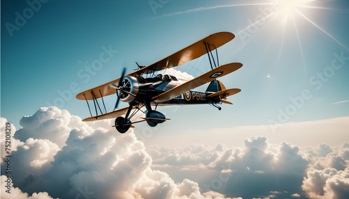 Vintage biplane soaring through a cloud-filled sky photo