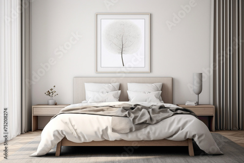 Minimalistic elegance in a bedroom, a blank white frame complementing the simplicity of a monochromatic color scheme.