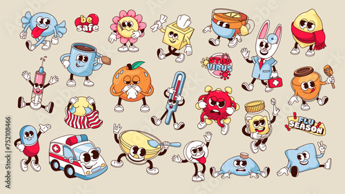 Groovy cartoon characters, text stickers set for cold and flu treatment. Funny retro collection of sick mascots with virus and bacteria infection, cartoon stickers of 70s 80s style vector illustration