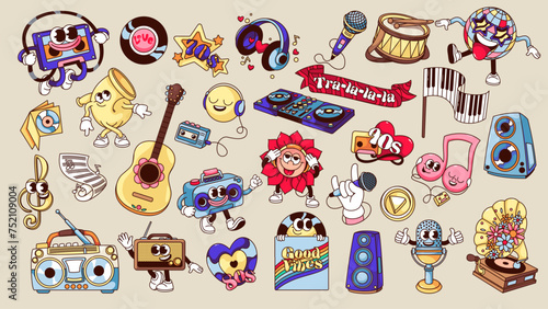 Groovy cartoon music stickers set. Funny happy characters of retro DJ dance party and concert, cartoon mascots walking and waving. Music players and patches of 70s 80s 90s vector illustration