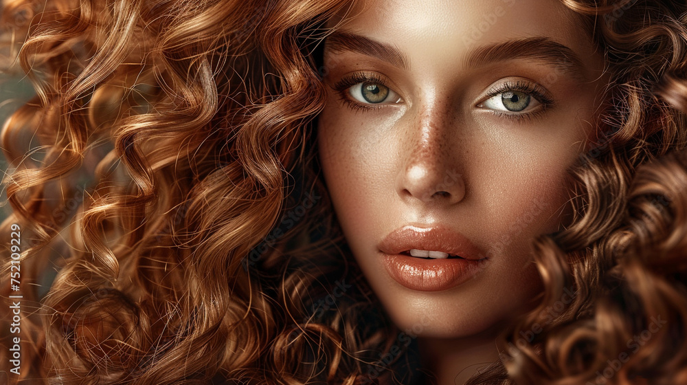 Model girl with shiny healthy glowing curly hair