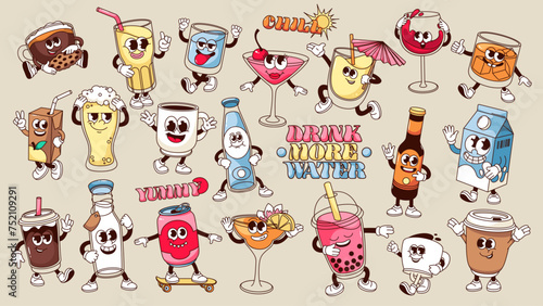 Groovy cartoon drink characters set. Funny beer glass and bottle, coffee cup and cocktail, soda water can. Retro drink mascot collection, cartoon typography stickers of 70s style vector illustration