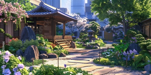 a serene scene featuring a traditional tea house nestled amidst the bustling streets of a Japanese city, with carefully manicured gardens providing a tranquil oasis amidst the urban chaos